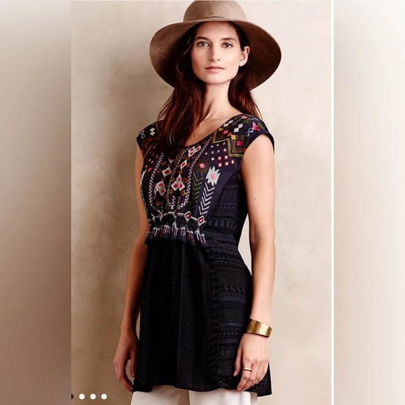 Anthropologie One September Barranco Embroidered  Navy Bohemian Blouse Tunic XXS - Picture 2 of 15